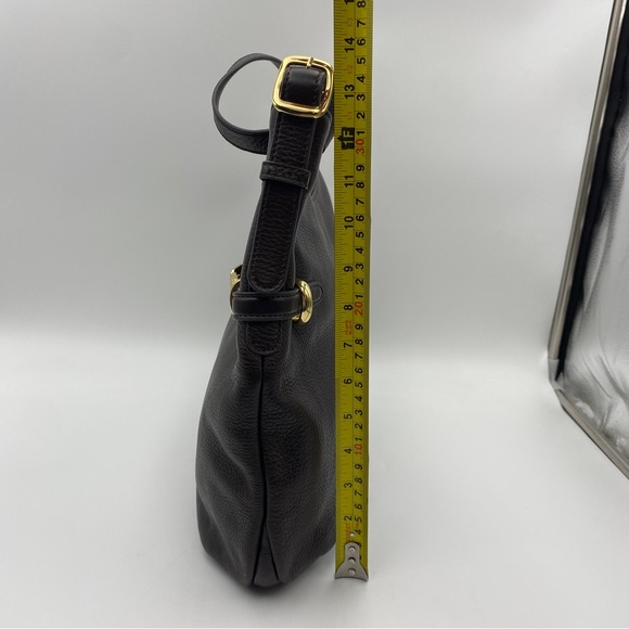 Talbots Dark Chocolate Brown Pebble Leather Shoulder Purse Bag Gold Belt Detail - Picture 5 of 11